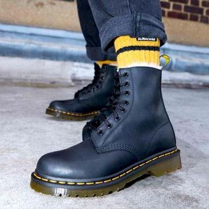 Dr. Martens 1460 Serena Black Burnished Leather Faux Fur Lined Platform Boots